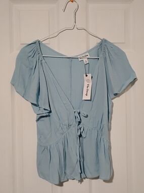The Drop Light Blue Tie-Front Flutter Sleeve Blouse Size Xs NWT